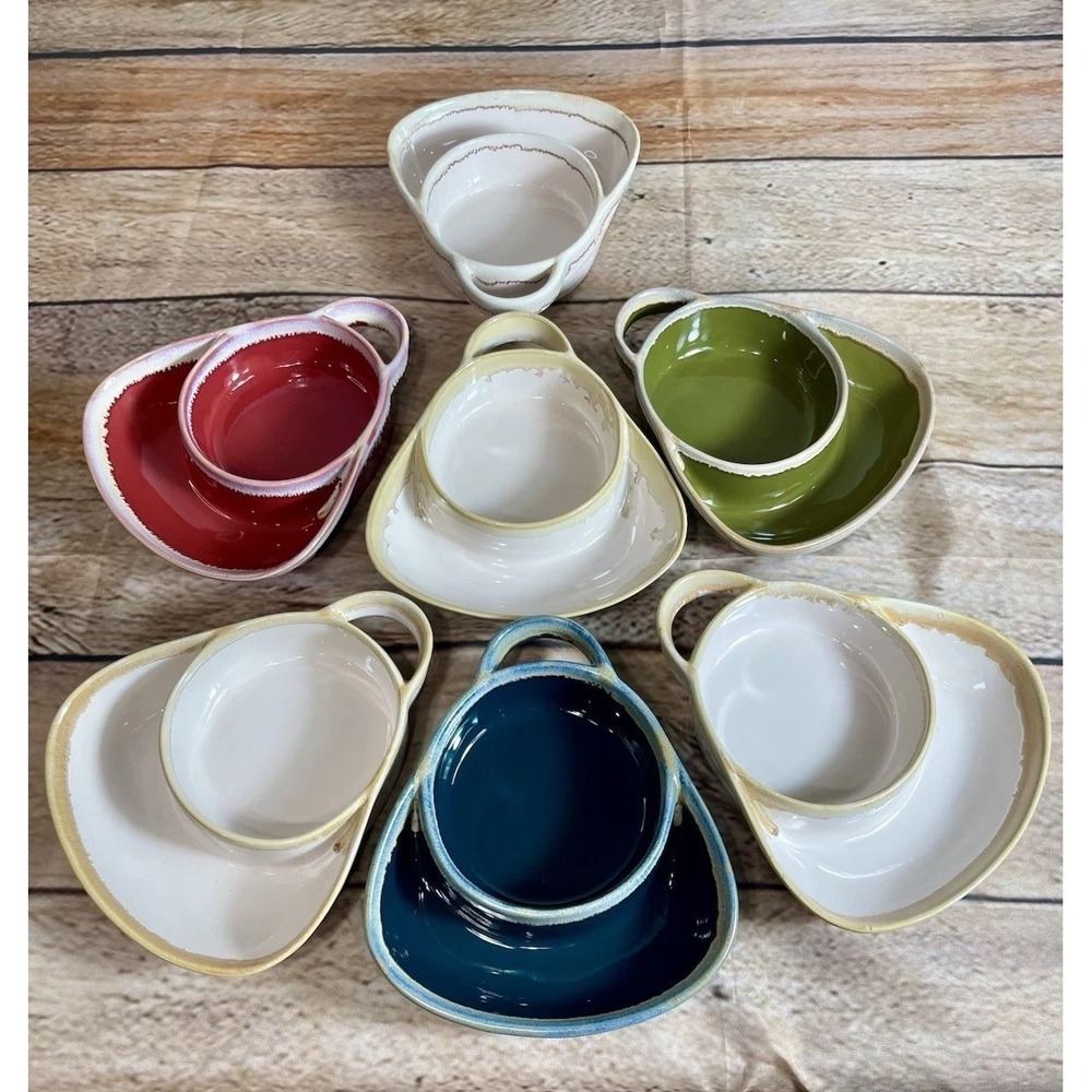 Set Of 7 Rustic Southwest Farmhouse Stoneware Chip & Dip Drip Glazed Ceramic - Picture 2 of 8
